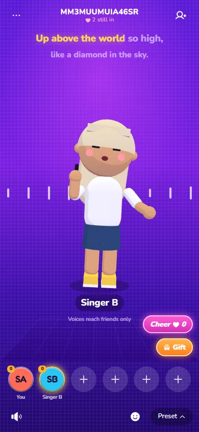 A player's 3D avatar singing on the neon stage